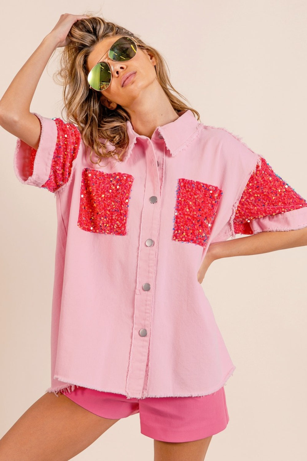 BiBi Sequin Detail Raw Hem Short Sleeve Shirt - Charming Charlie