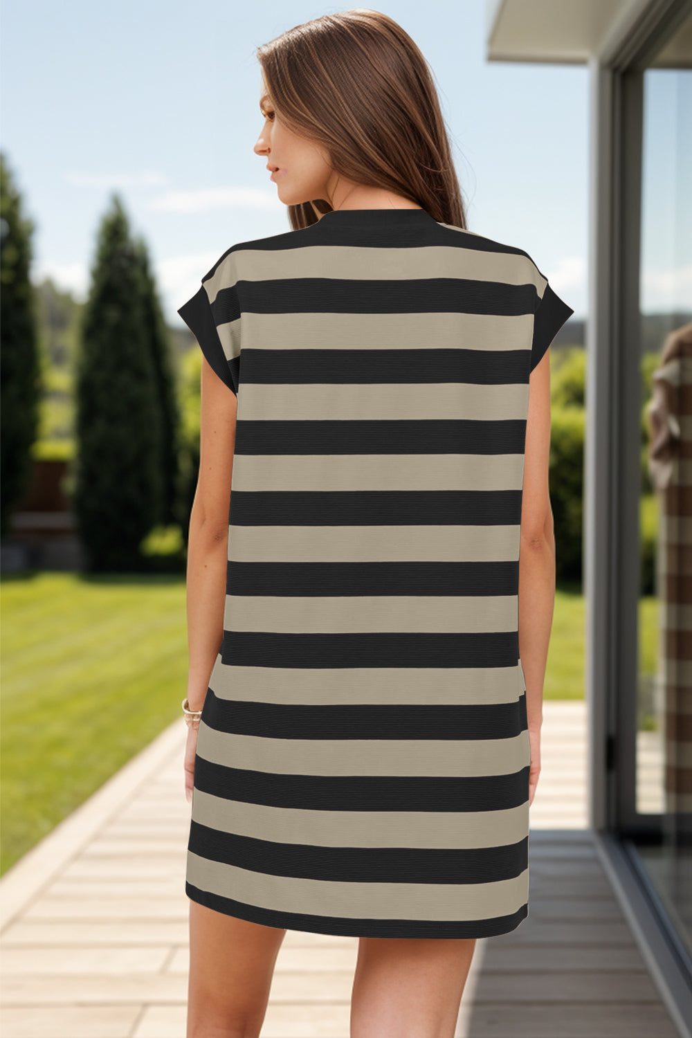 Striped Round Neck Cap Sleeve Mini Dress - Charming Charlie