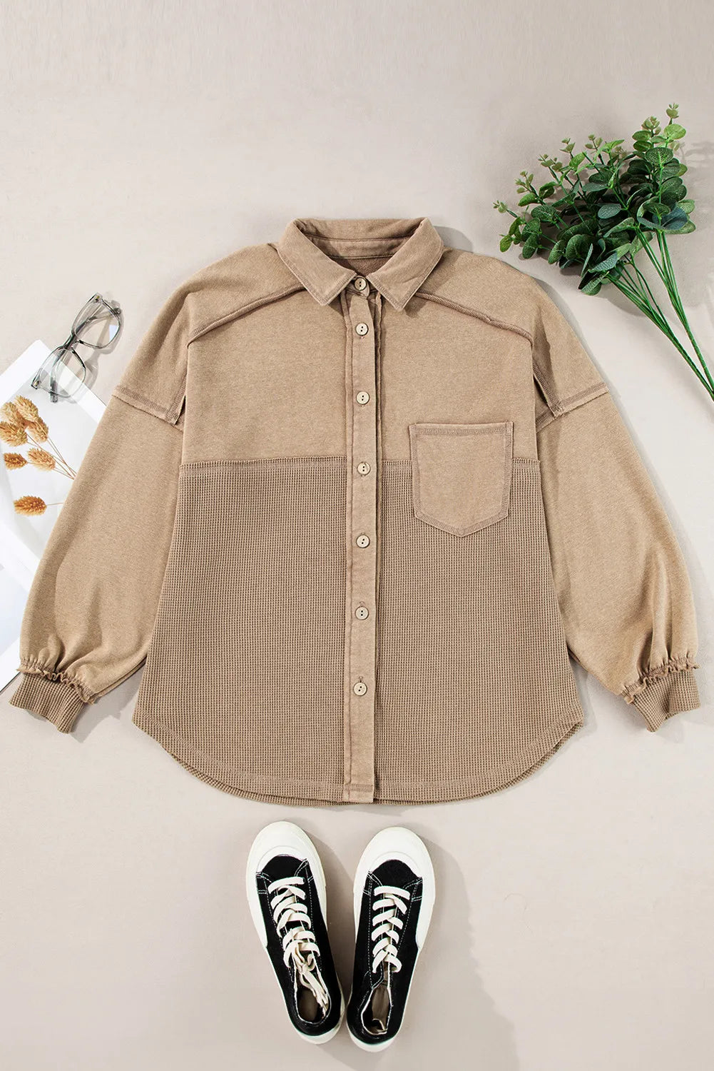 Waffle-Knit Collared Neck Long Sleeve Shacket - Charming Charlie