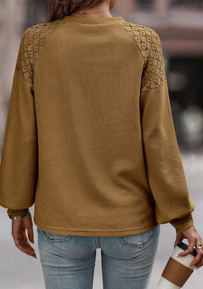 Lace Detail Round Neck Lantern Sleeve Top - Charming Charlie