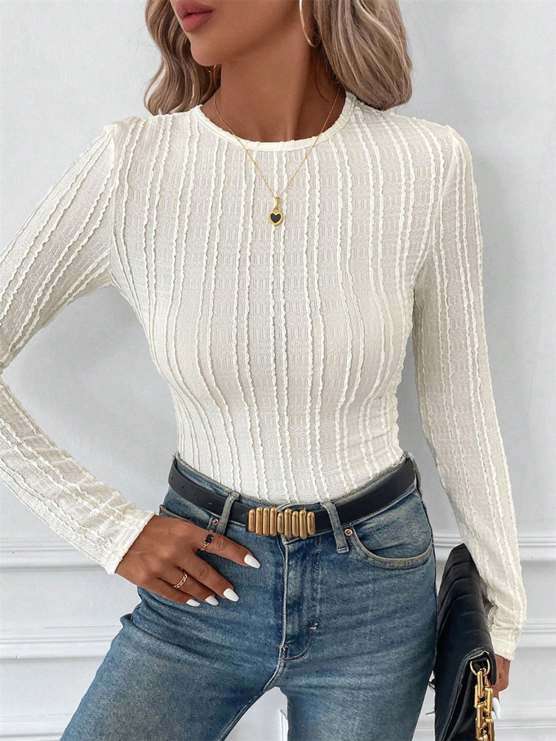 Round Neck Long Sleeve Top - Charming Charlie