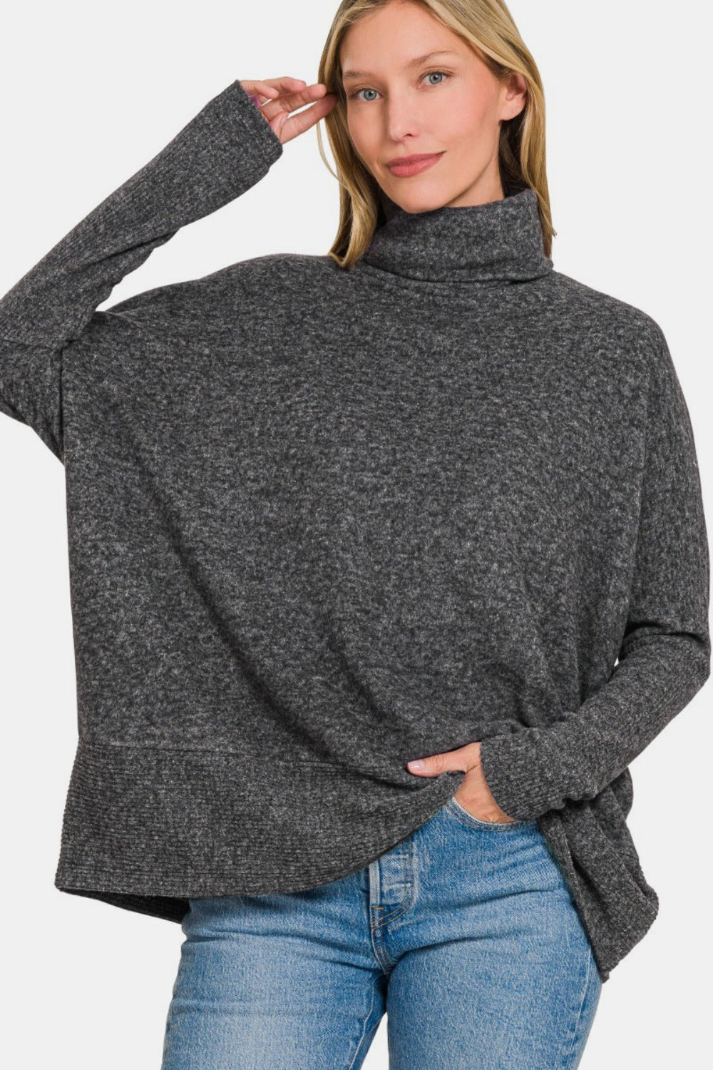 Zenana Full Size Brushed Melange Hacci Turtleneck Sweater - Charming Charlie