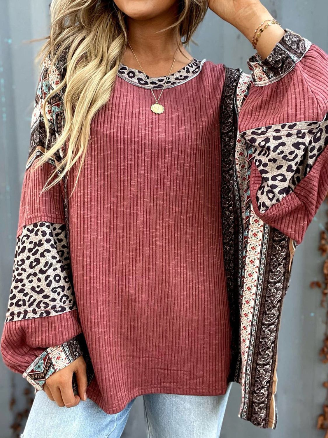 Leopard Round Neck Long Sleeve Sweatshirt - Charming Charlie
