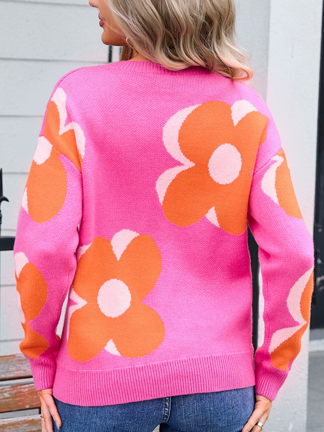 Flower Round Neck Long Sleeve Sweater - Charming Charlie