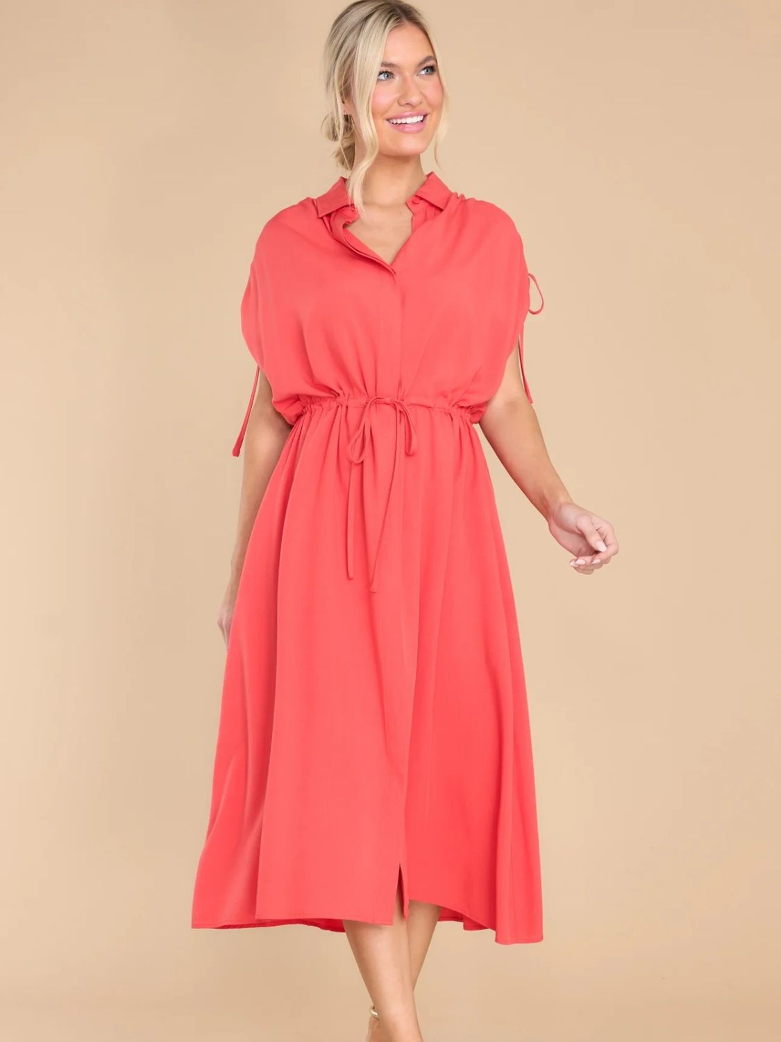 Drawstring Collared Neck Short Sleeve Midi Dress - Charming Charlie