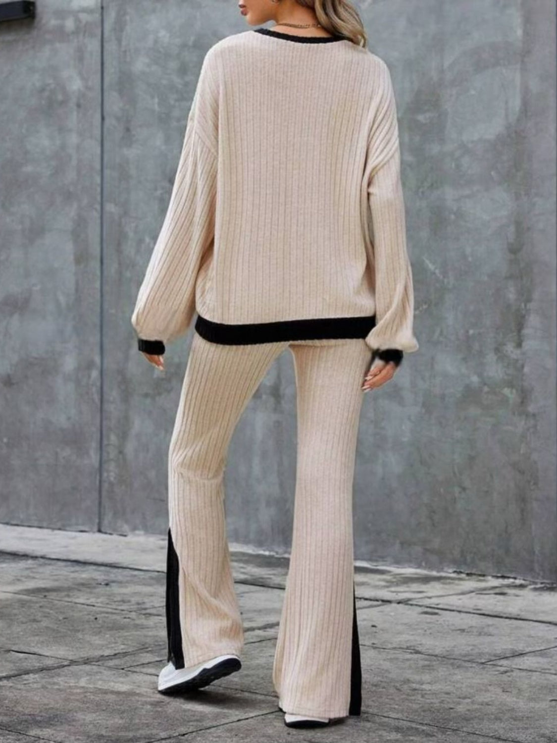 Contrast Round Neck Long Sleeve Top and Bootcut Pants Set - Charming Charlie