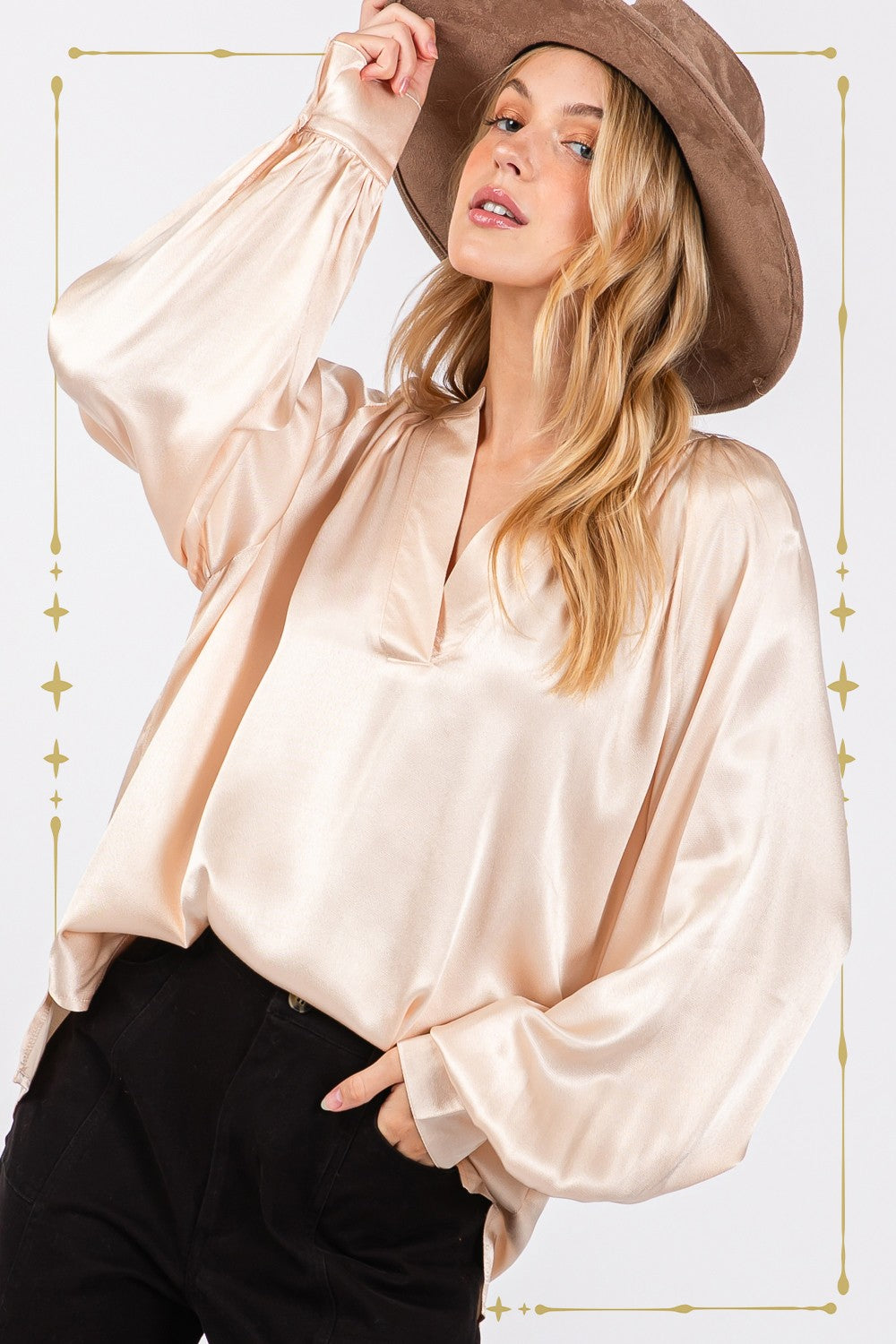SAGE + FIG Notched Long Sleeve Blouse - Charming Charlie