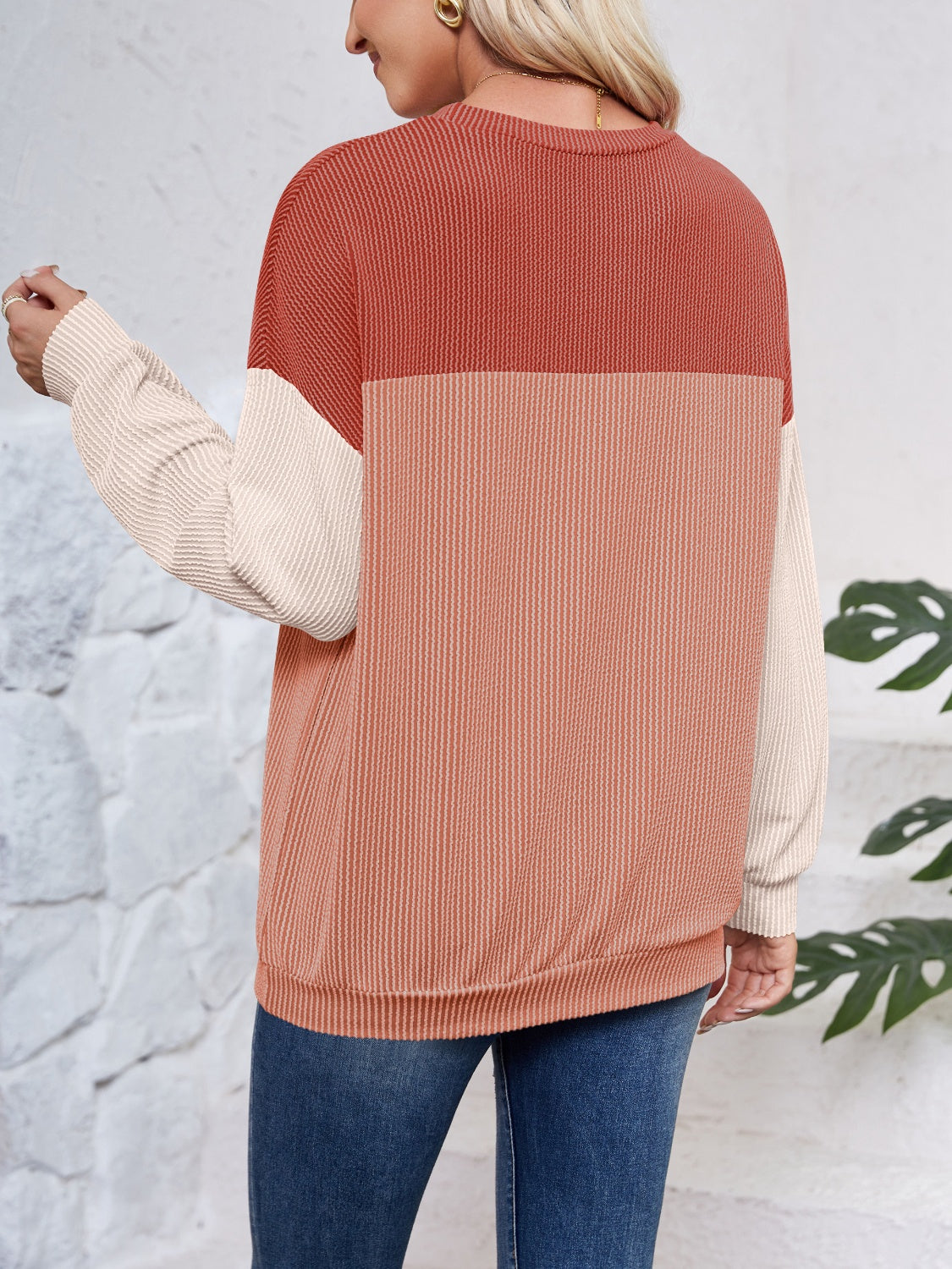 Color Block Round Neck Long Sleeve Sweatshirt - Charming Charlie