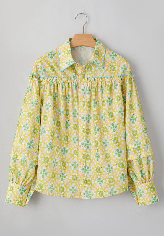 Frill Printed Collared Neck Long Sleeve Blouse - Charming Charlie