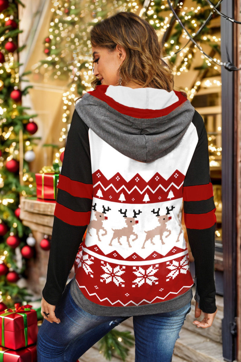 Double Take Full Size Christmas Drawstring Long Sleeve Hoodie - Charming Charlie
