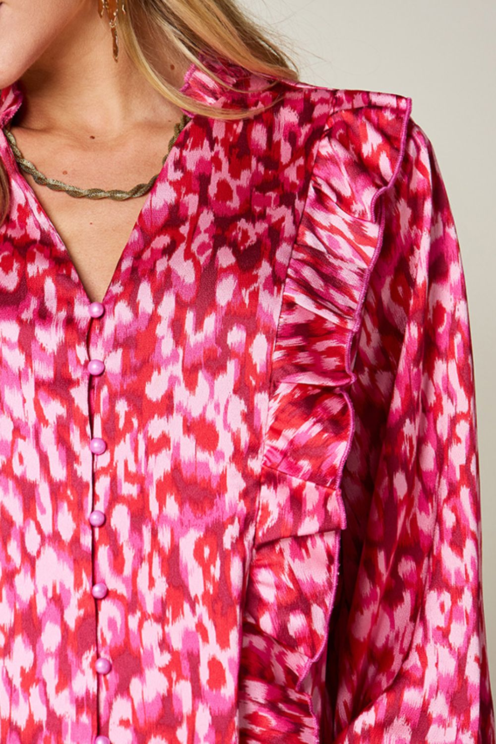 Double Take Full Size Printed Ruffle Trim Balloon Sleeve Shirt - Charming Charlie