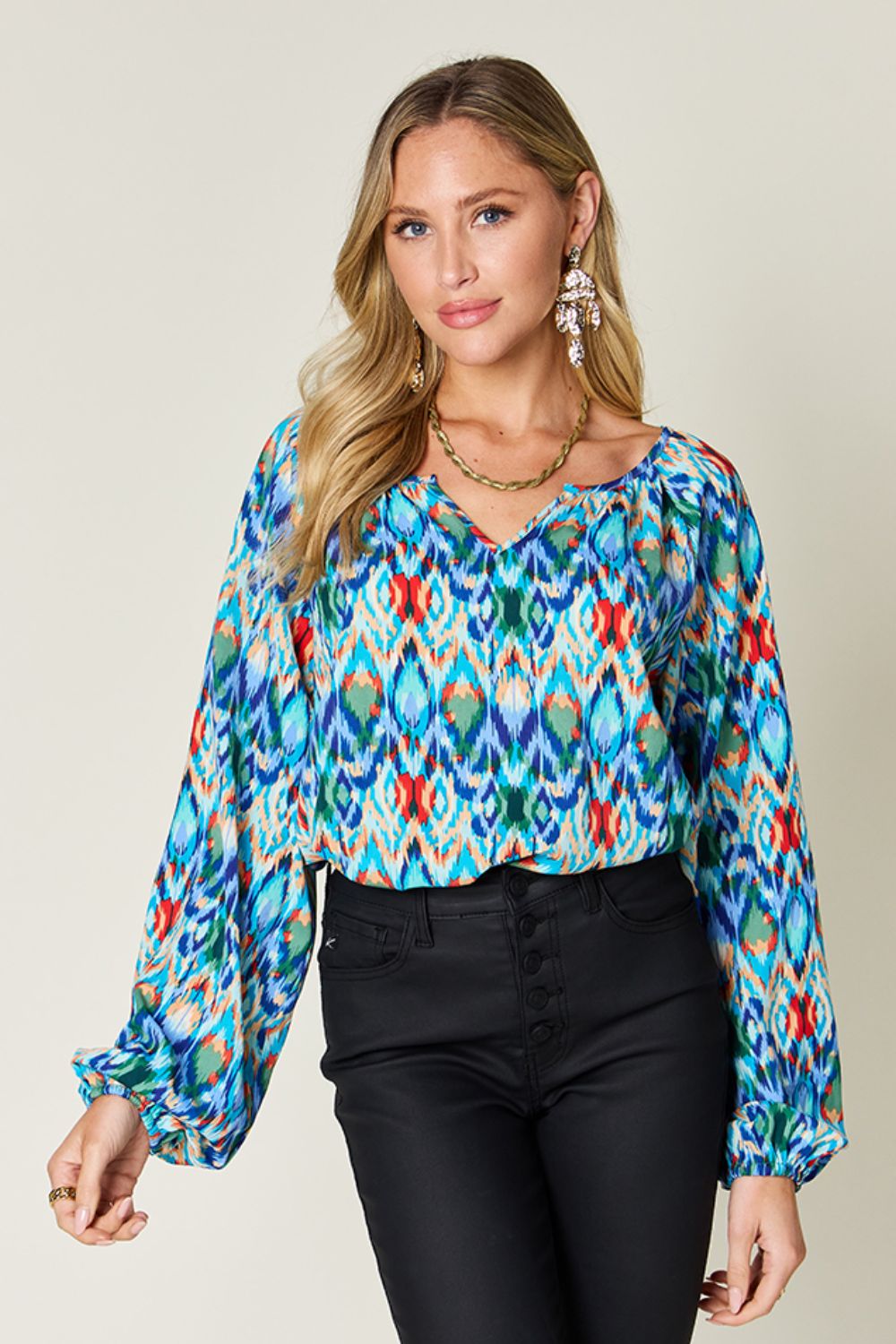 Double Take Full Size Printed Balloon Sleeve Blouse - Charming Charlie
