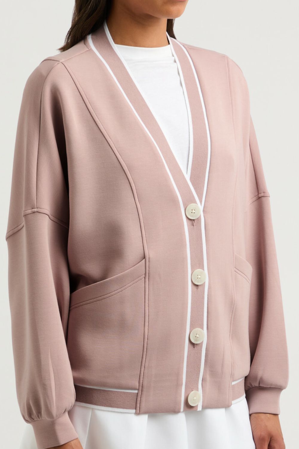 Contrast Trim V Neck Button Up Cardigan - Charming Charlie
