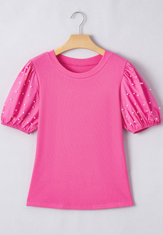 Pearl Detail Round Neck Puff Sleeve Blouse - Charming Charlie