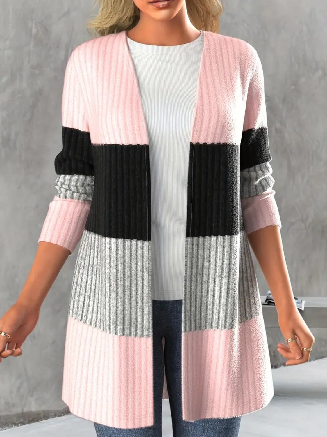 Color Block Open Front Long Sleeve Cardigan - Charming Charlie