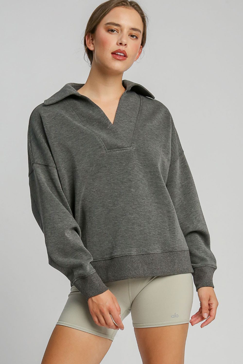 Umgee Johnny Collar Dropped Shoulder Sweatshirt - Charming Charlie