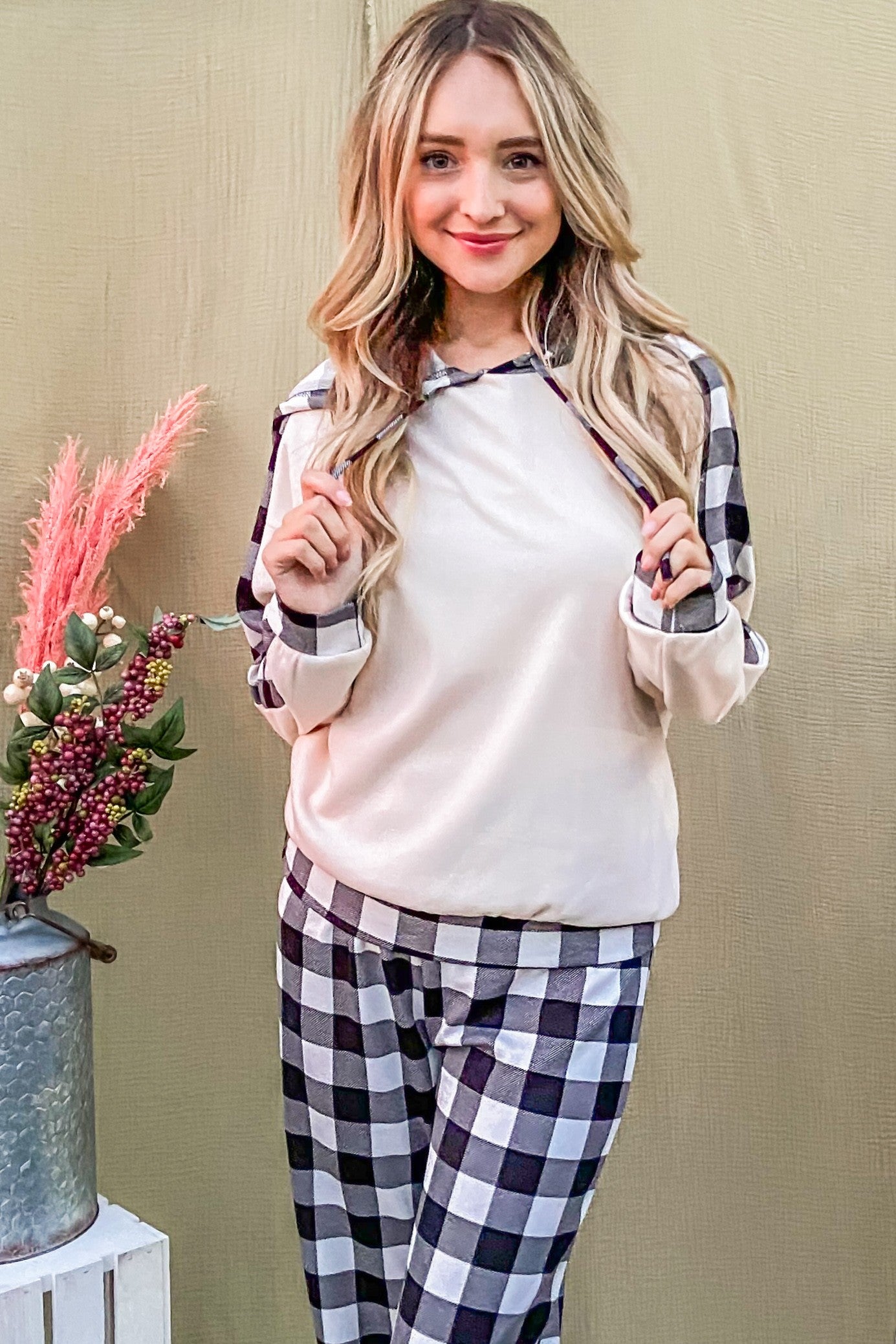 And The Why Drawstring Hooded Top and Plaid Pants Lounge Set - Charming Charlie