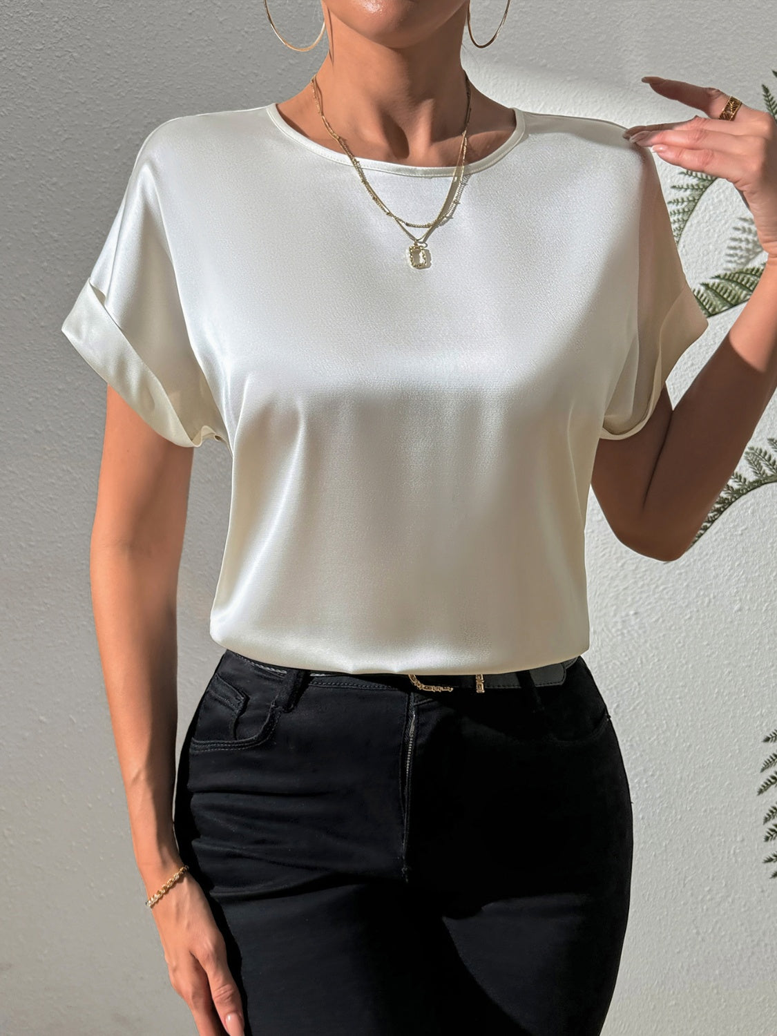 Round Neck Short Sleeve Blouse - Charming Charlie