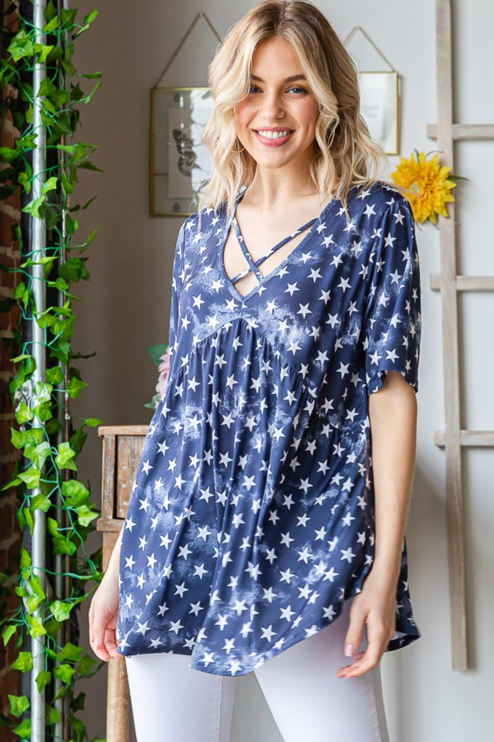 Heimish Full Size Short Sleeve Crisscross Star Babydoll Top - Charming Charlie