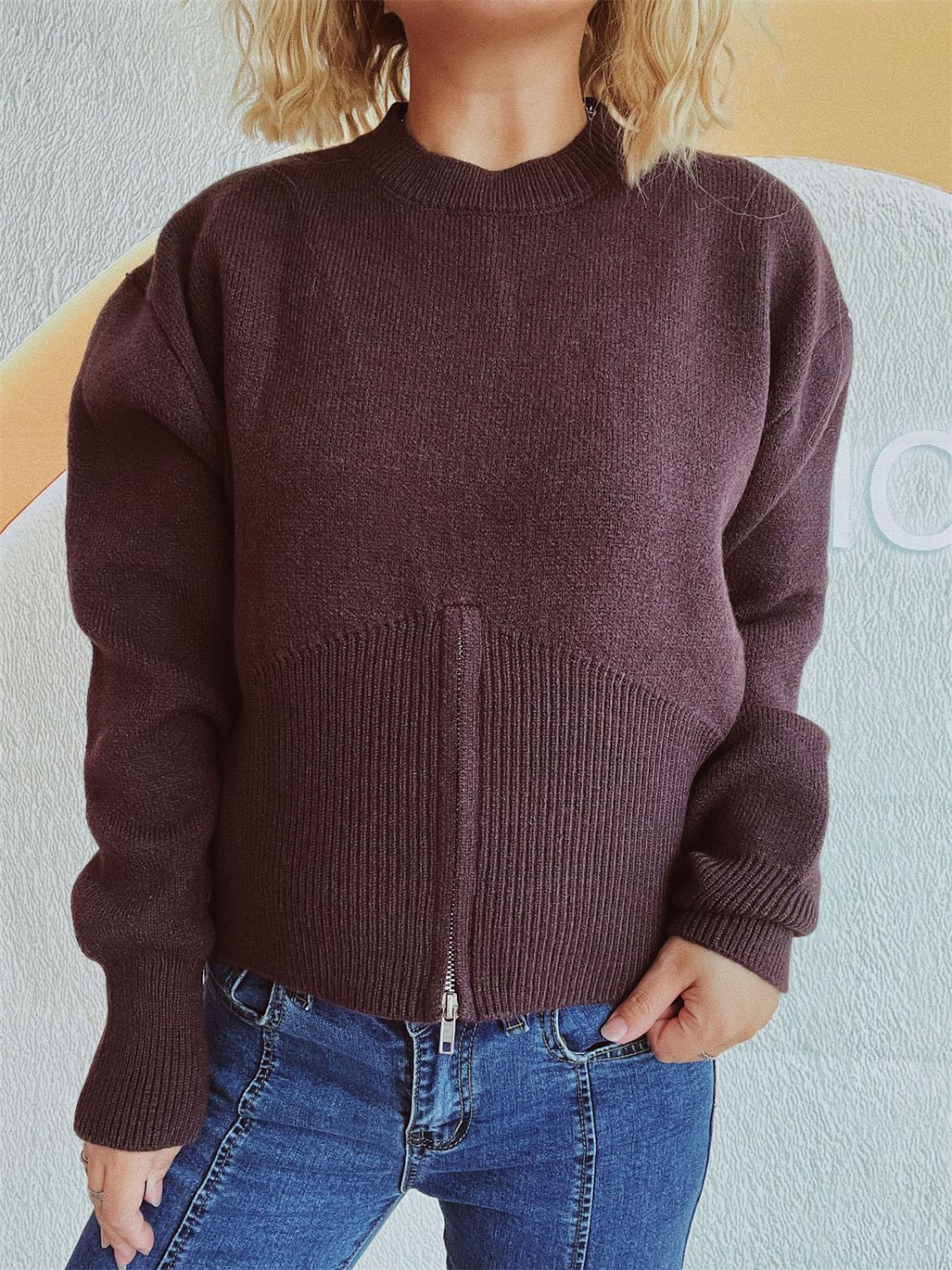 Round Neck Half Zip Long Sleeve Sweater - Charming Charlie