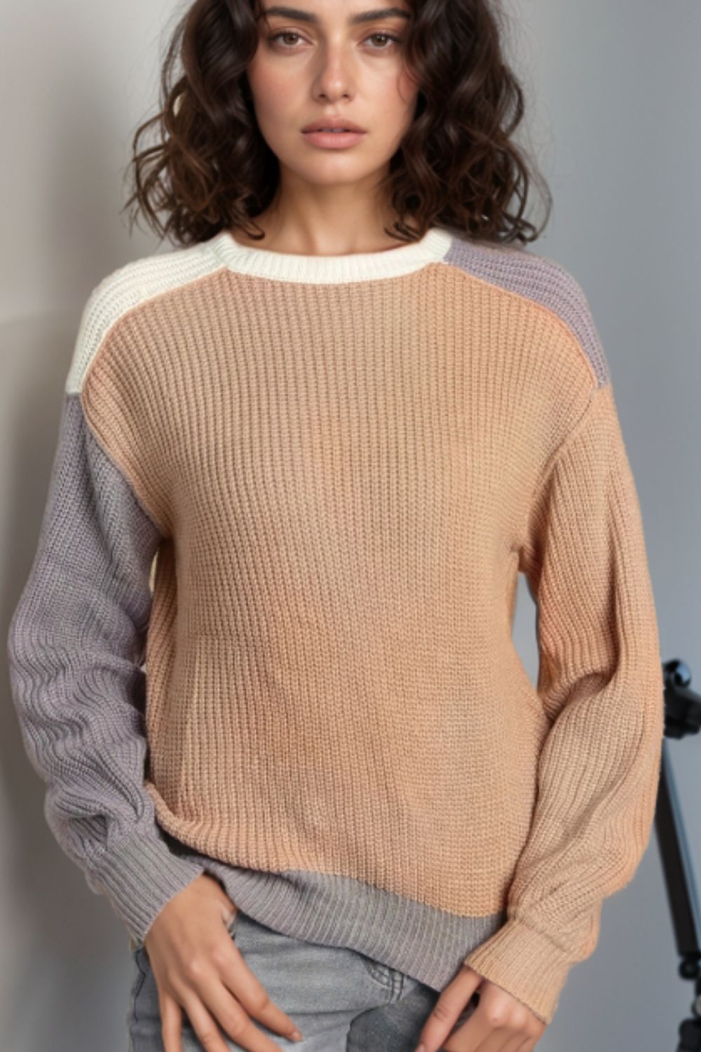 Color Block Round Neck Drop Shoulder Sweater - Charming Charlie