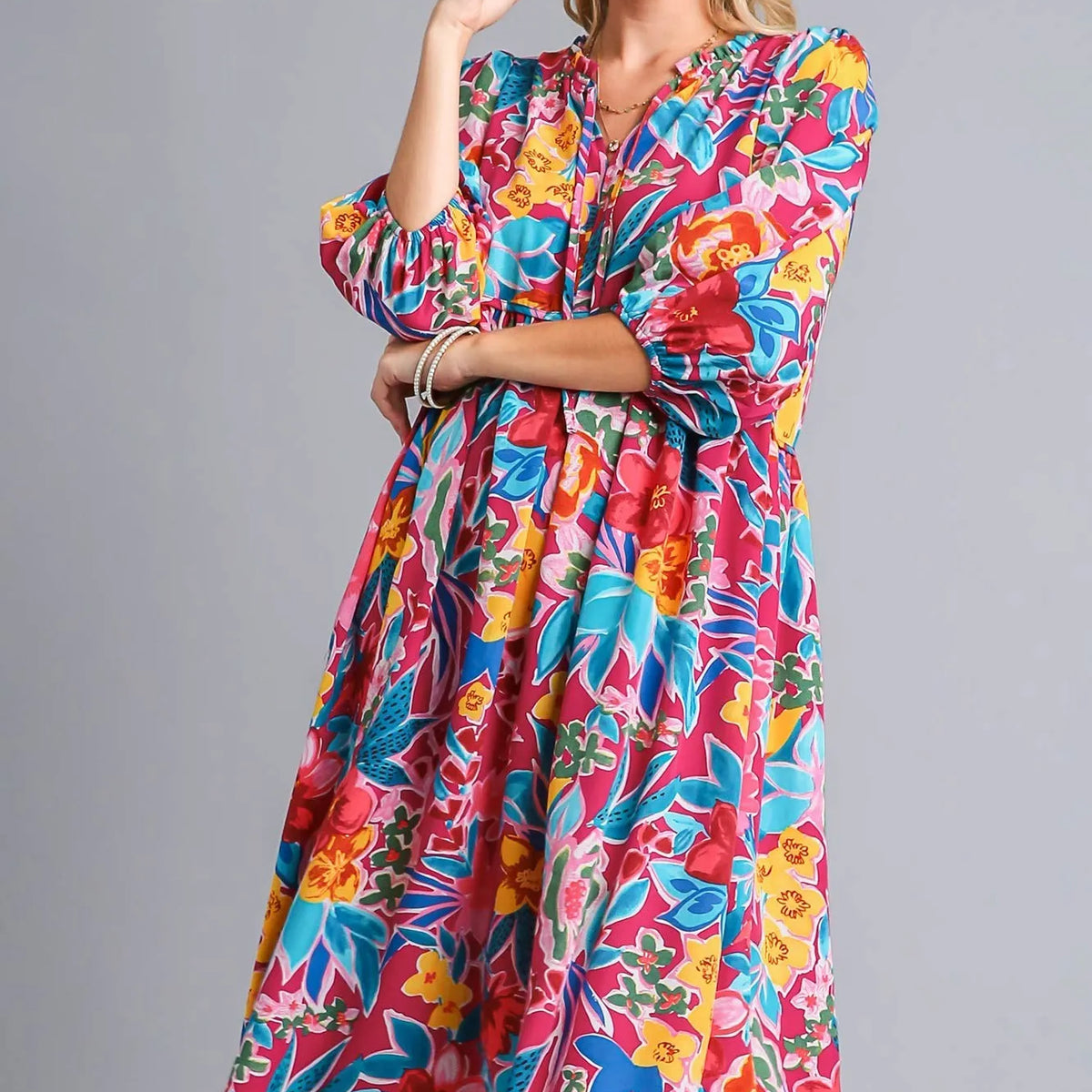 Umgee Bold Floral Tiered Midi Dress