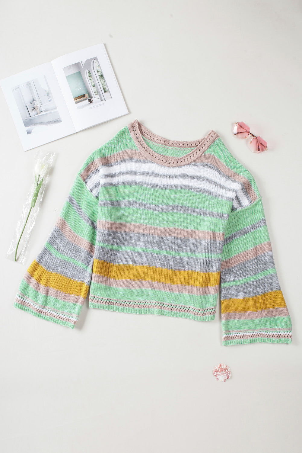 Contrast Striped Boat Neck Dropped Shoulder Sweater - Charming Charlie