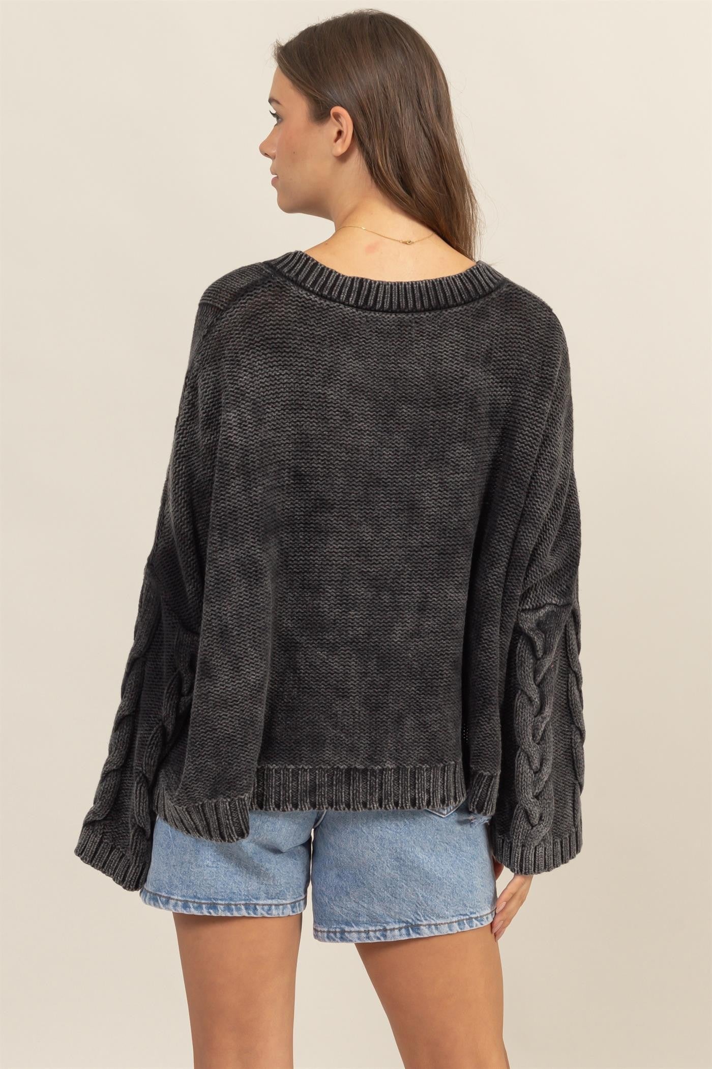 HYFVE Cable Knit V-Neck Dropped Shoulder Oversized Sweater - Charming Charlie