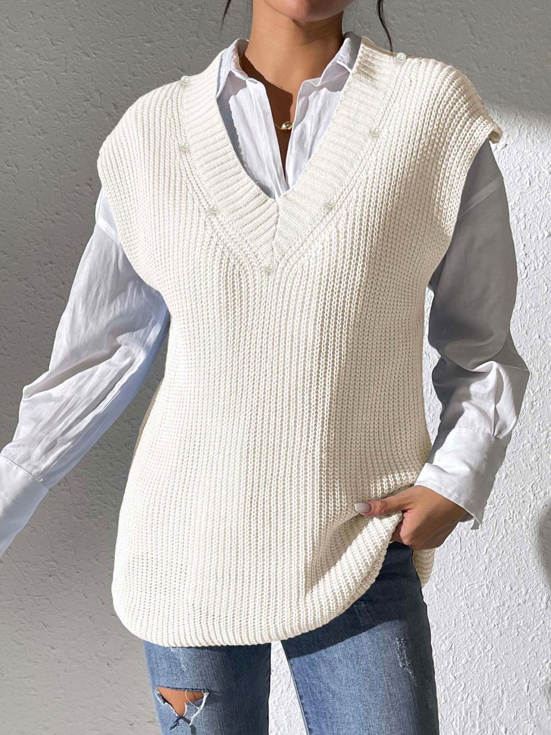 Pearl Trim V-Neck Sweater Vest - Charming Charlie