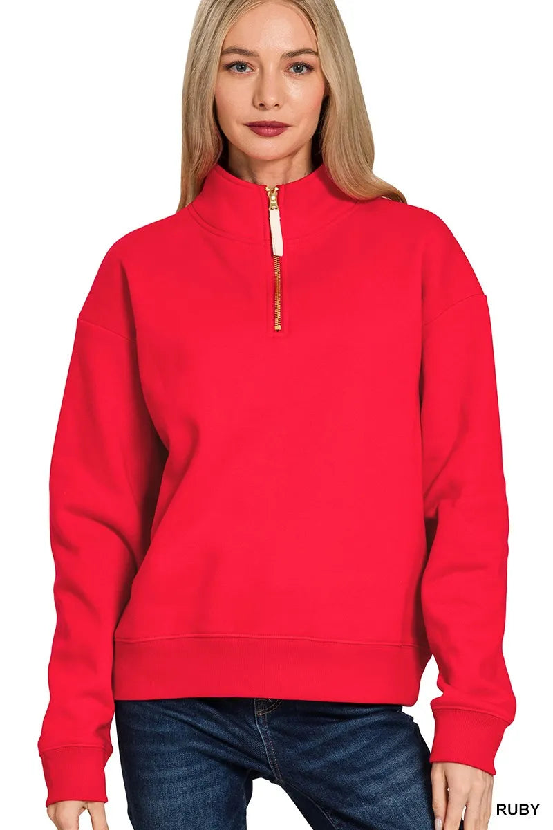 Zenana Drawstring Half Zip Dropped Shoulder Hoodie