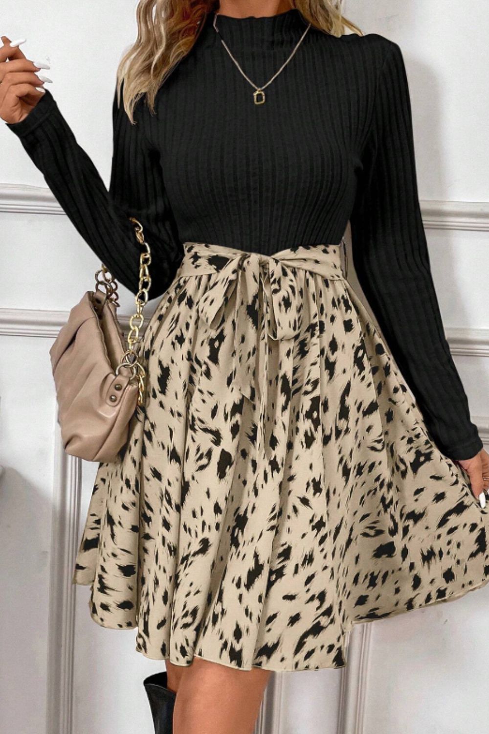 Printed Tie Waist Mock Neck Long Sleeve Dress - Charming Charlie