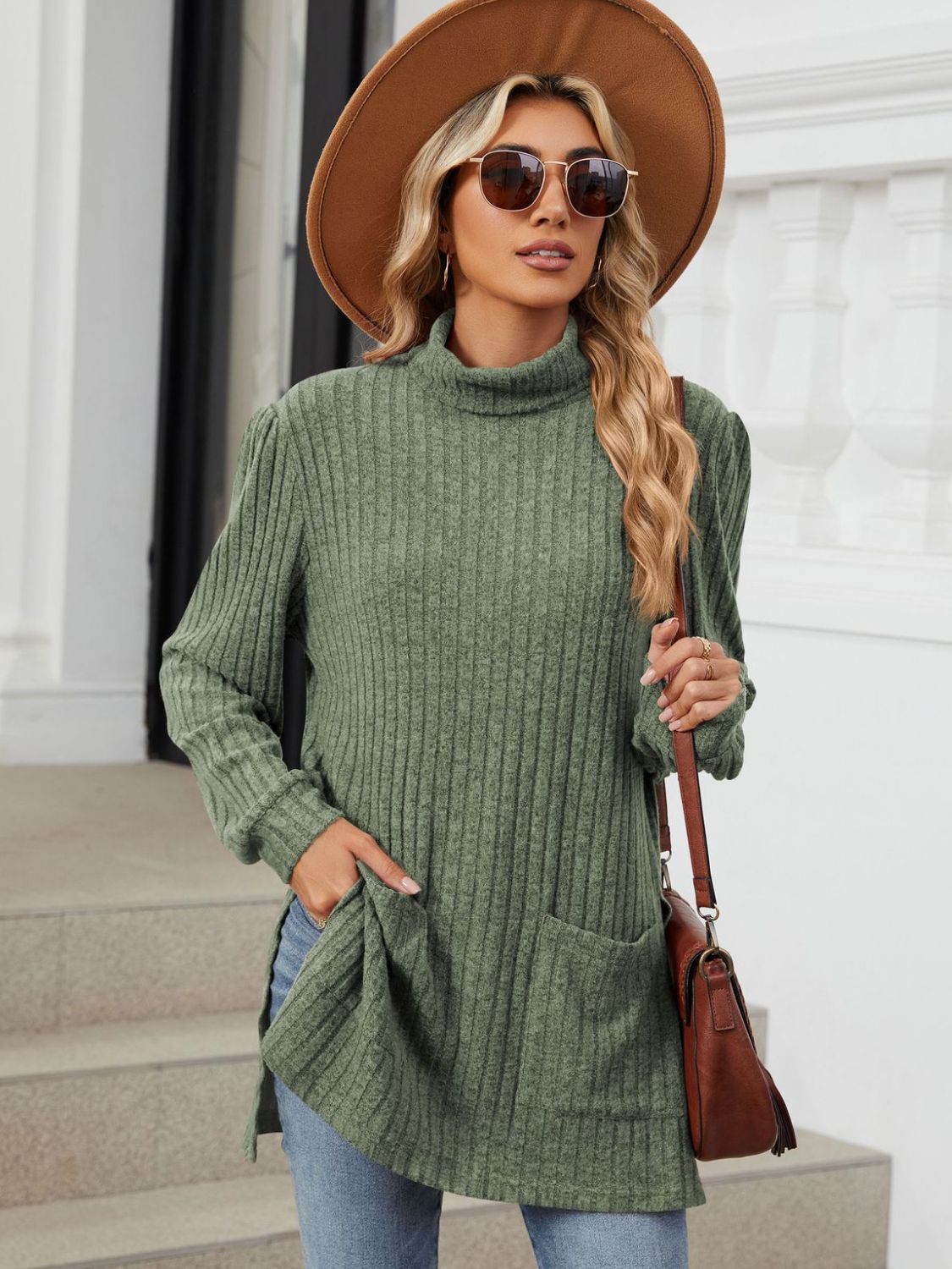 Slit Mock Neck Long Sleeve T-Shirt - Charming Charlie