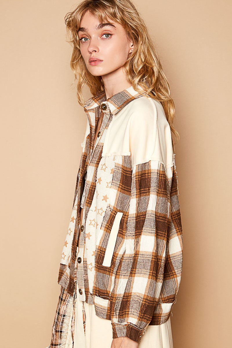 POL Plaid & Star Patchwork Contrast Long Sleeve Shacket - Charming Charlie