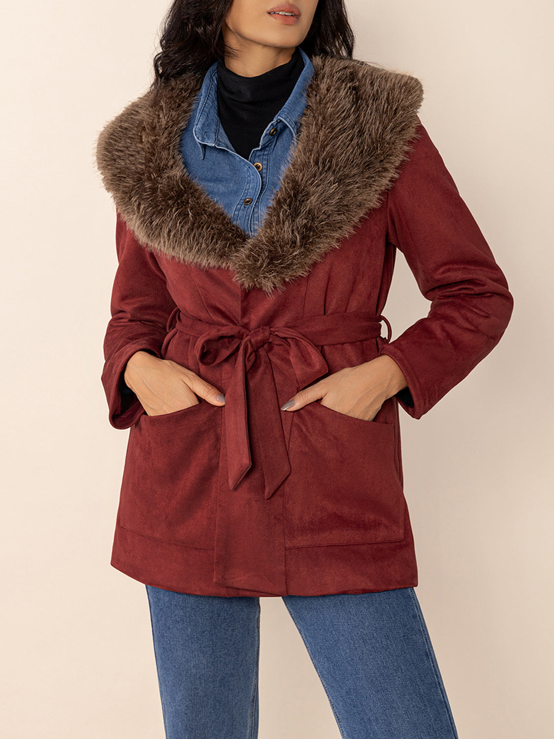 Fuzzy Collared Neck Tie Waist Jacket - Charming Charlie