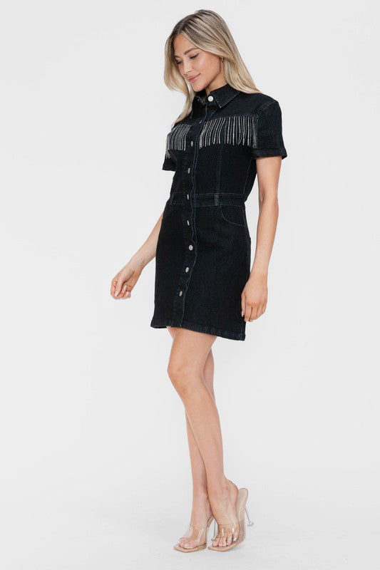 bytos Full Size Embellished Button Down Short Sleeve Denim Dress - Charming Charlie