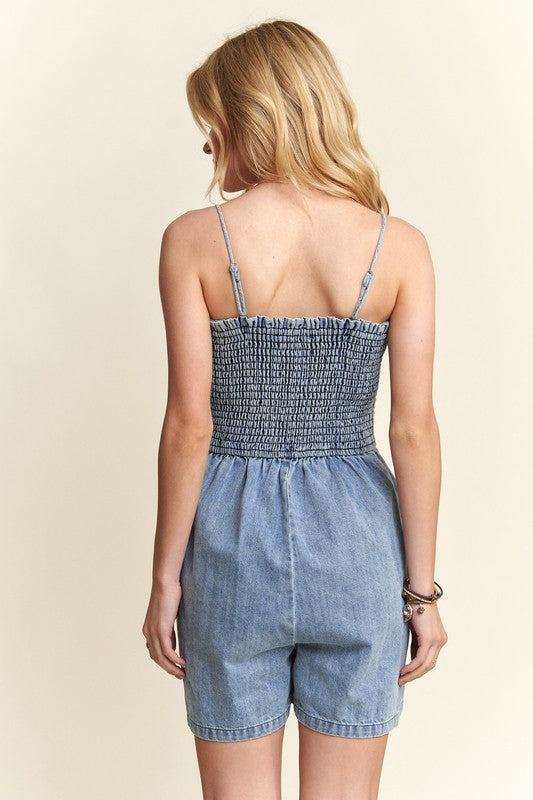 ADORA Smocked Spaghetti Strap Denim Romper - Charming Charlie