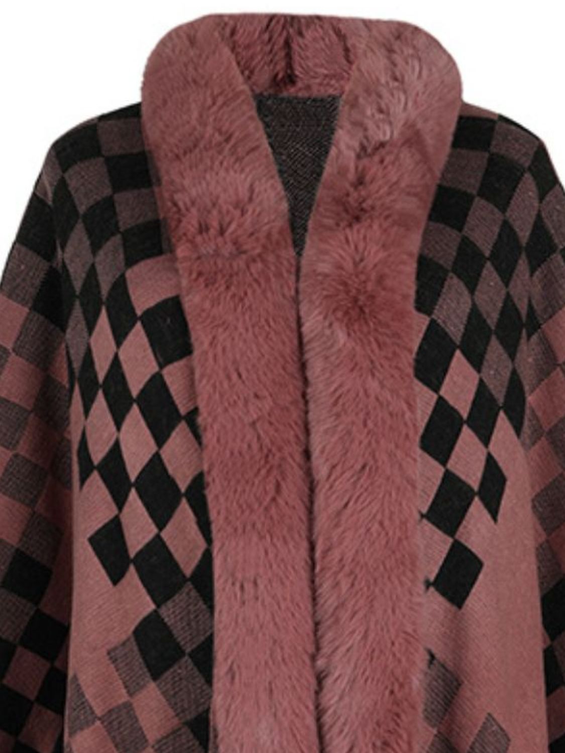 Fuzzy Checkered Long Sleeve Poncho - Charming Charlie