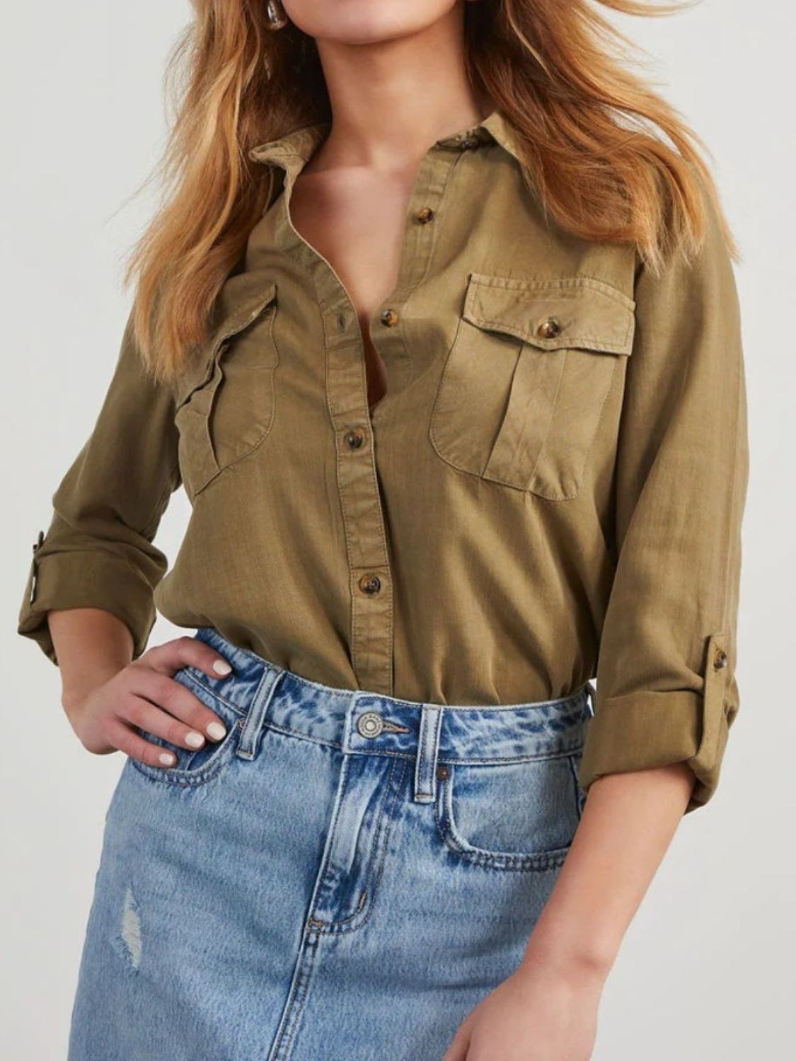 Collared Neck Roll-Tab Sleeve Denim Top - Charming Charlie
