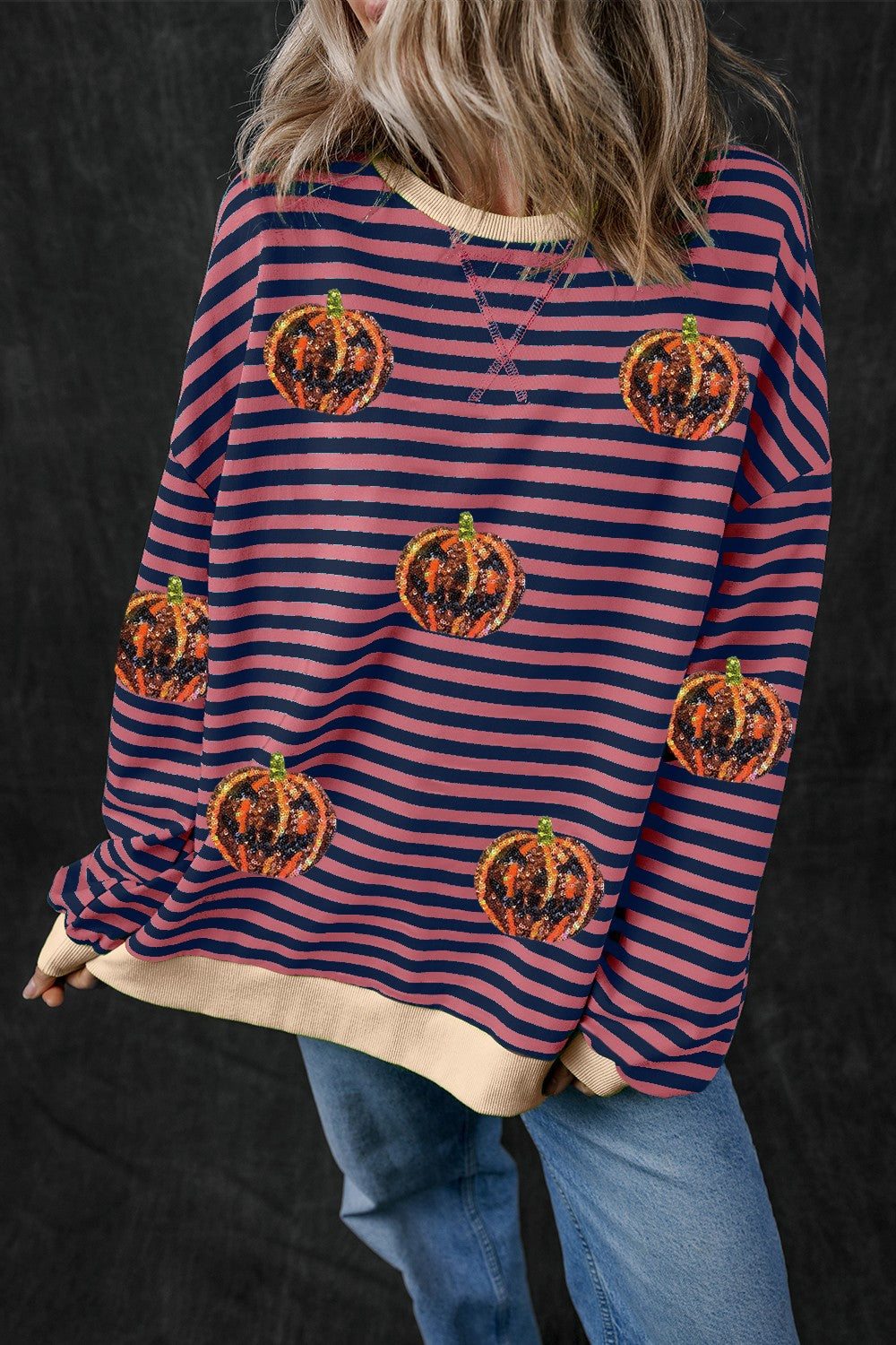 Pumpkin Striped Round Neck Long Sleeve Sweatshirt - Charming Charlie