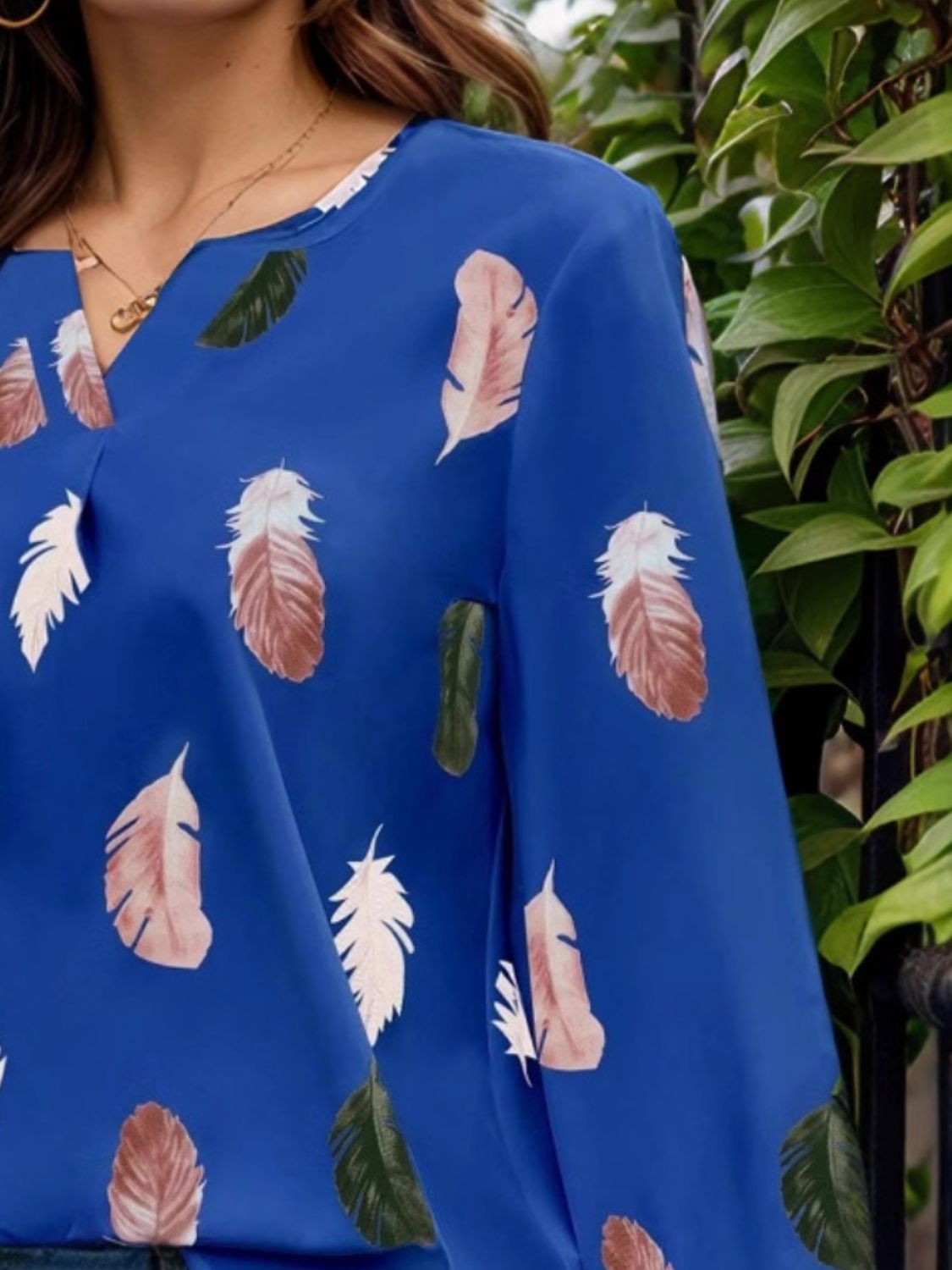 Feather Print Notched Balloon Sleeve Top - Charming Charlie