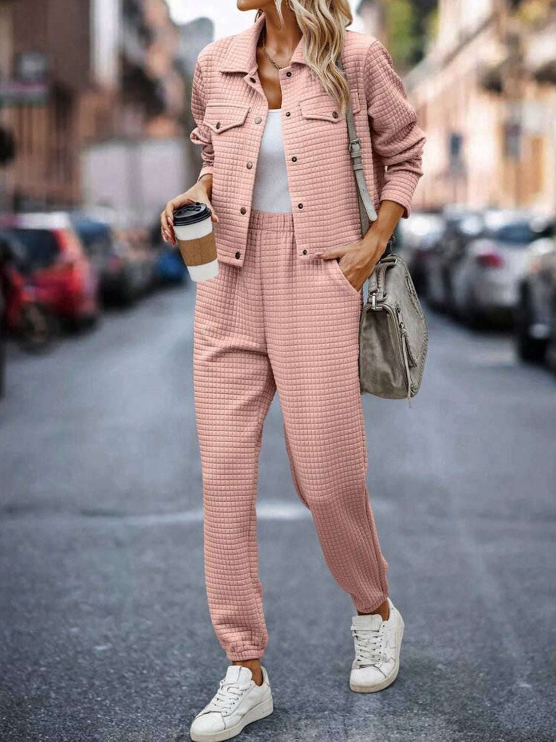 Plaid Texture Snap Down Top and Pants Set - Charming Charlie