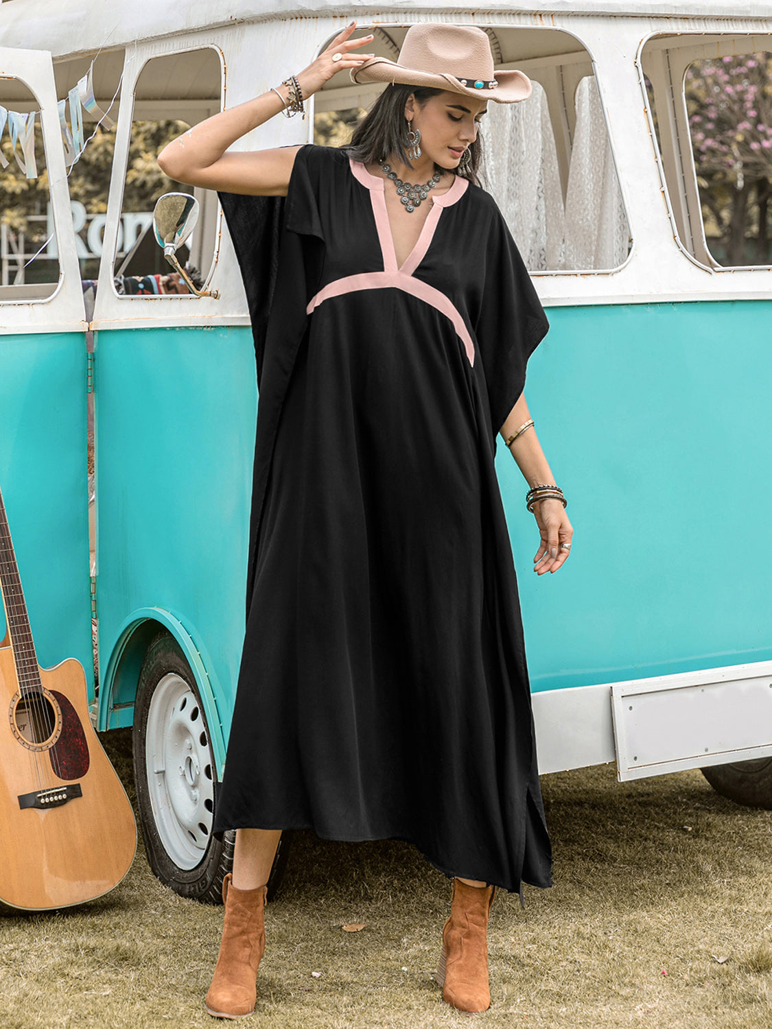 Contrast Trim Notched Slit Short Sleeve Midi Dress - Charming Charlie