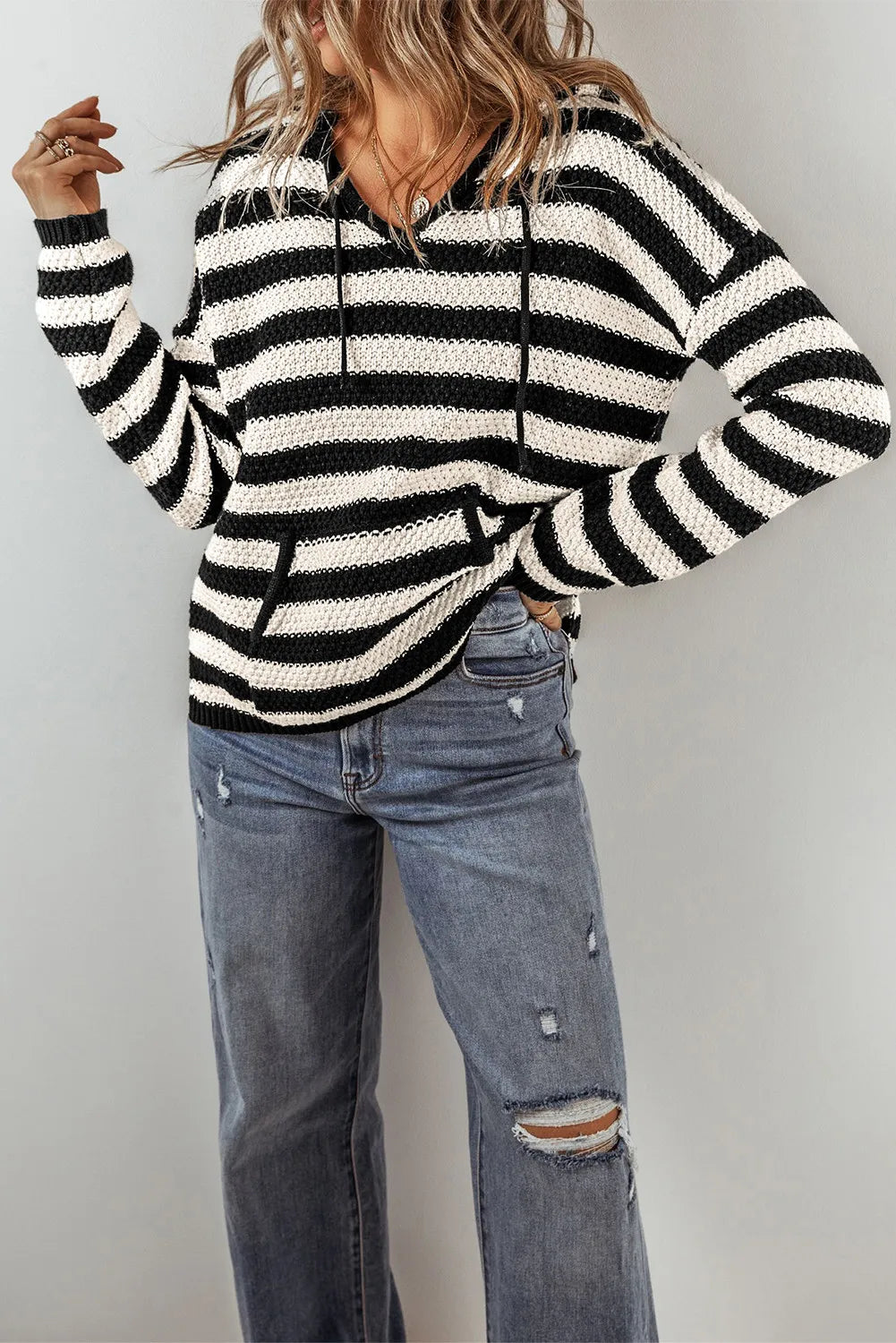 Drawstring Striped Long Sleeve Hooded Sweater - Charming Charlie