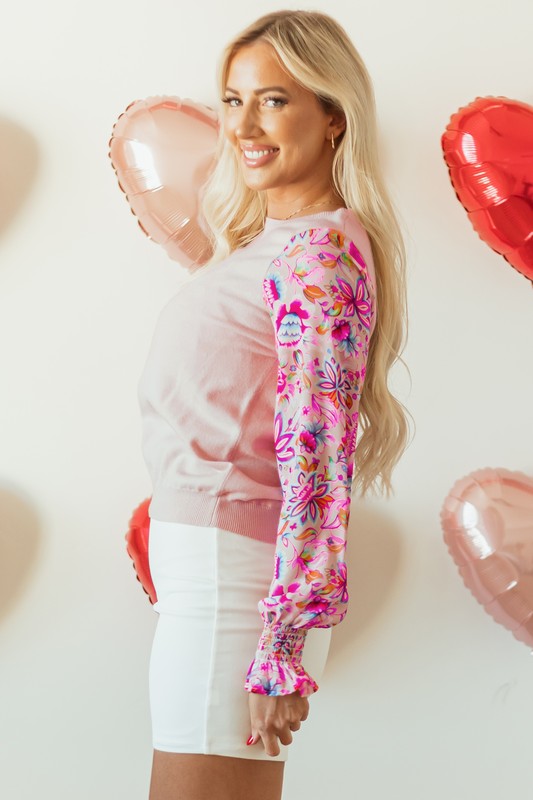 Women Floral Printed Patchwork Smocked Sweatshirts - Charming Charlie