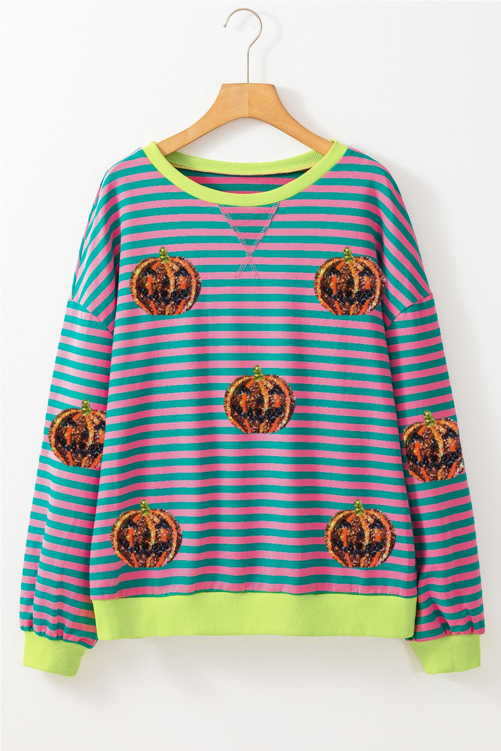 Pumpkin Striped Round Neck Long Sleeve Sweatshirt - Charming Charlie