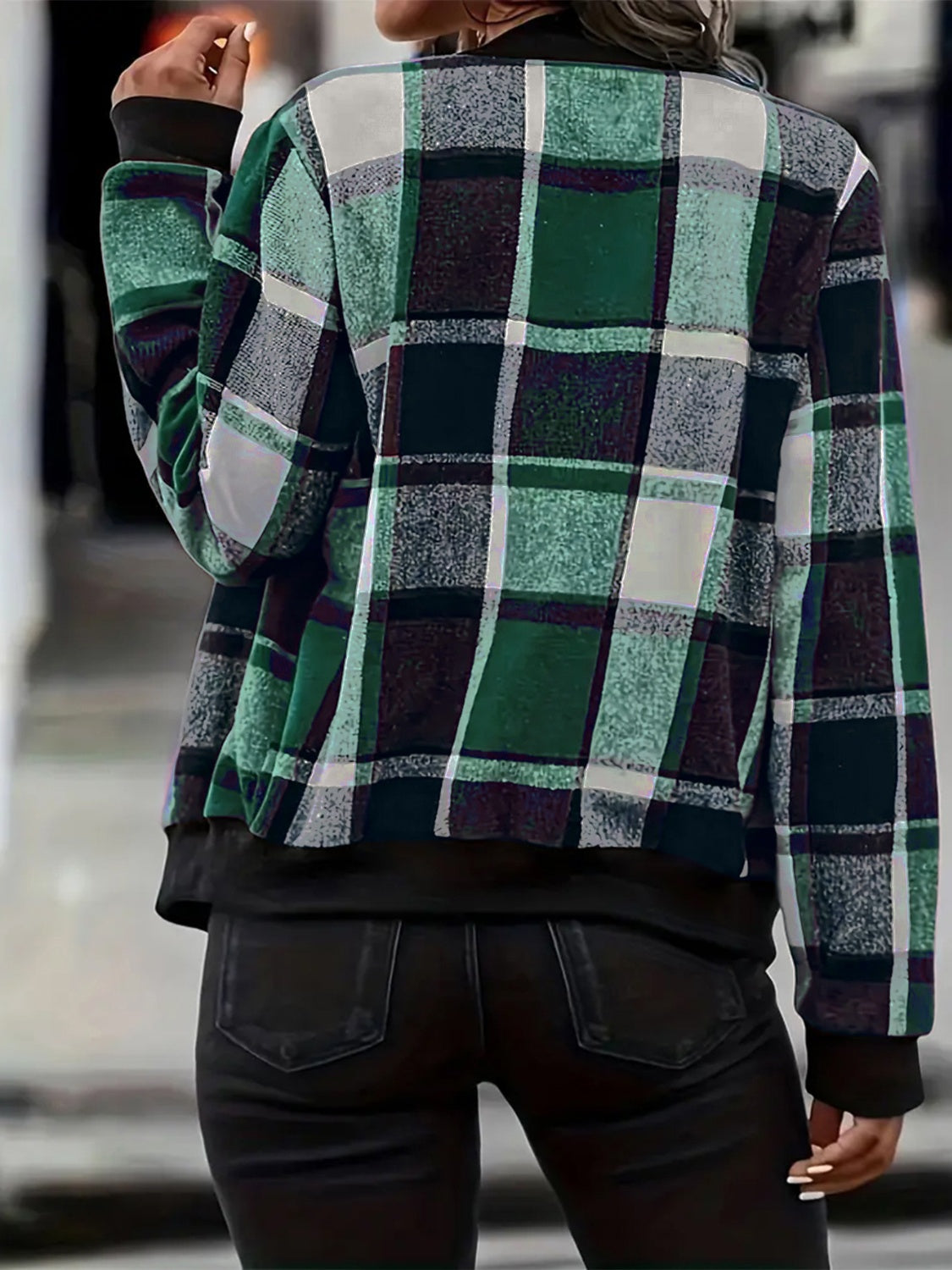 Plus Size Plaid Baseball Collar Zip Up Jacket - Charming Charlie