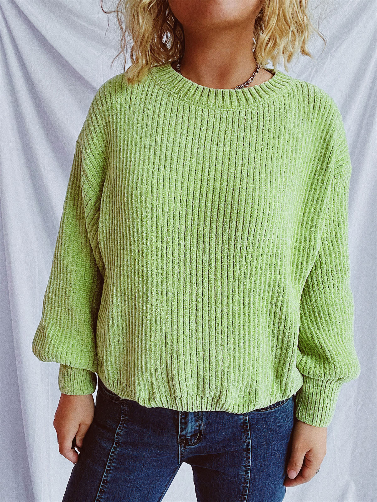 Round Neck Dropped Shoulder Long Sleeve Sweater - Charming Charlie