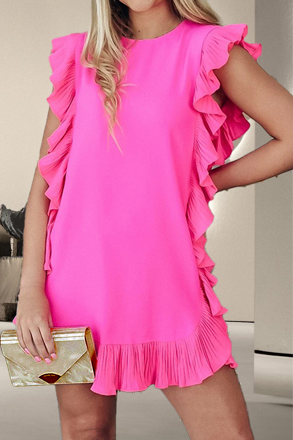 Ruffled Round Neck Cap Sleeve Mini Dress - Charming Charlie