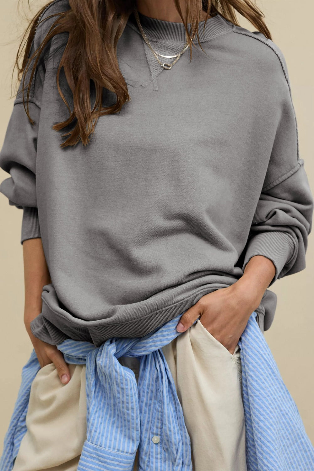 Side Slit Round Neck Long Sleeve Sweatshirt - Charming Charlie