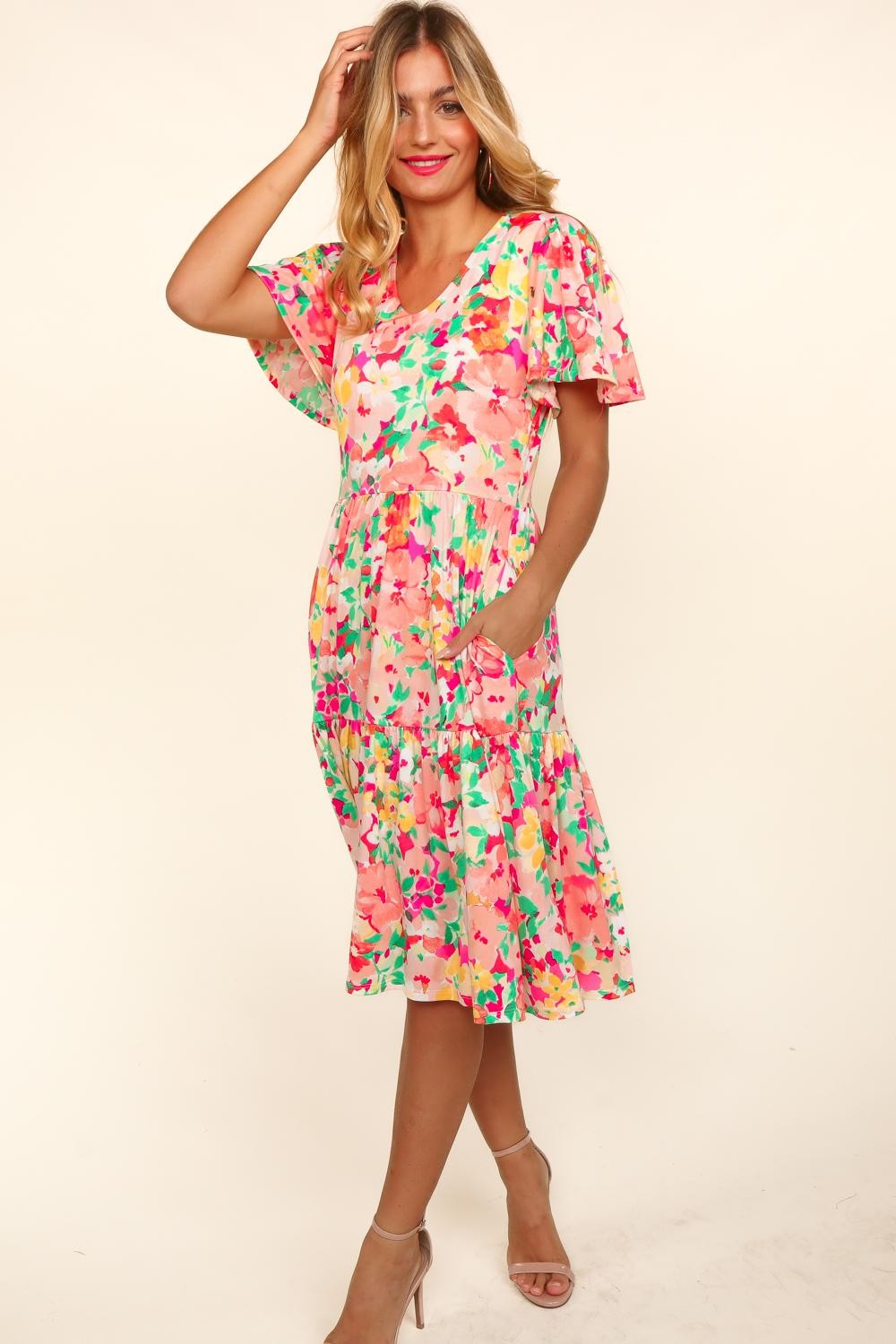 Haptics Tiered Floral Midi Dress with Pockets - Charming Charlie